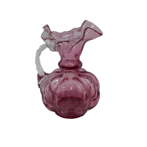 VTG Fenton Cranberry Glass Melon Pitcher – 5" Ruffled Edge Twisted Clear Handle - Picture 1 of 5